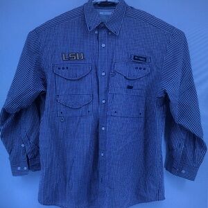 Columbia Men’s Blue and White Check Button-Down Shirt with LSU Patch